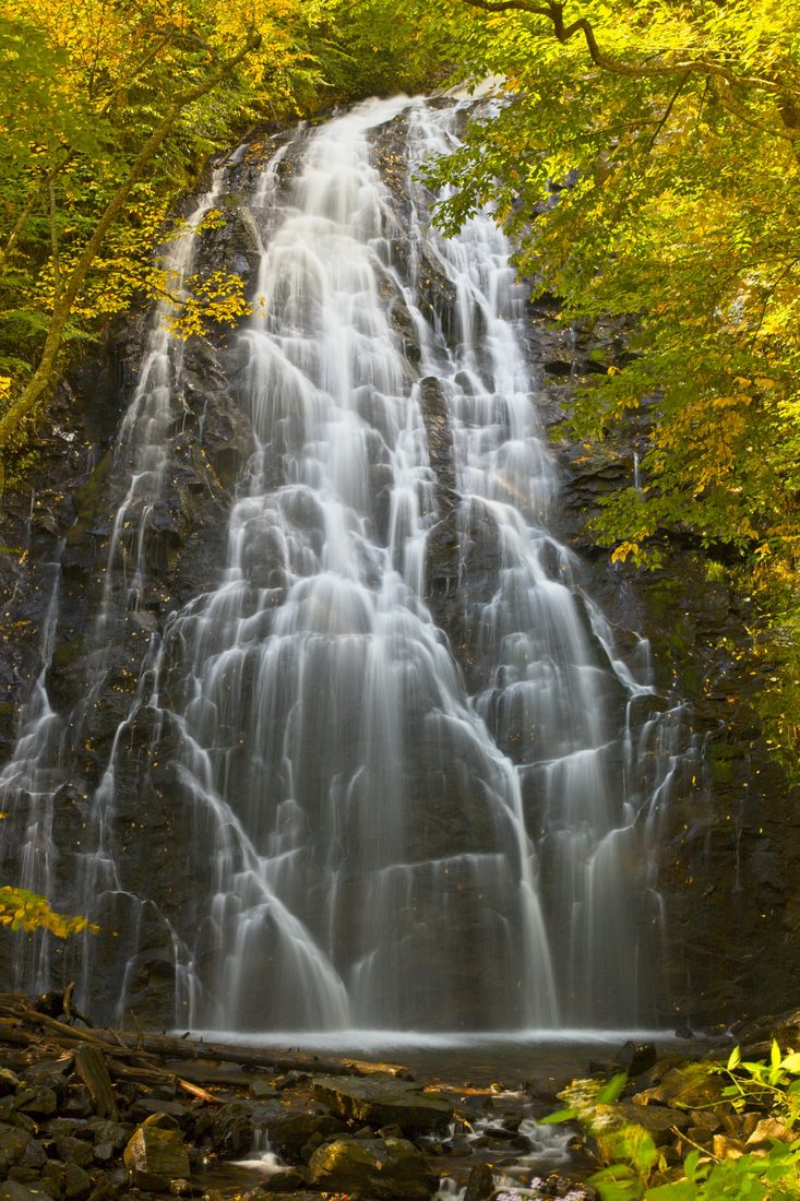 Veil-like waterfall cascading down mossy black rock through soft yellow forest light